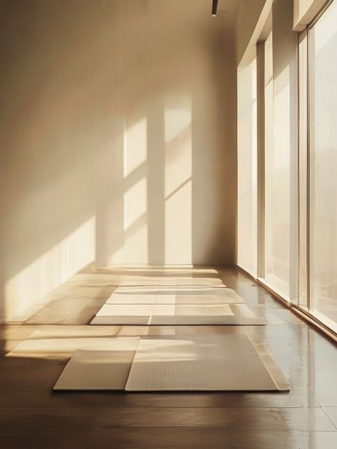 Valkoinen minimalistinen kuntoilusali, auringonvalo ikkunasta, tyhjä liikuntamatto